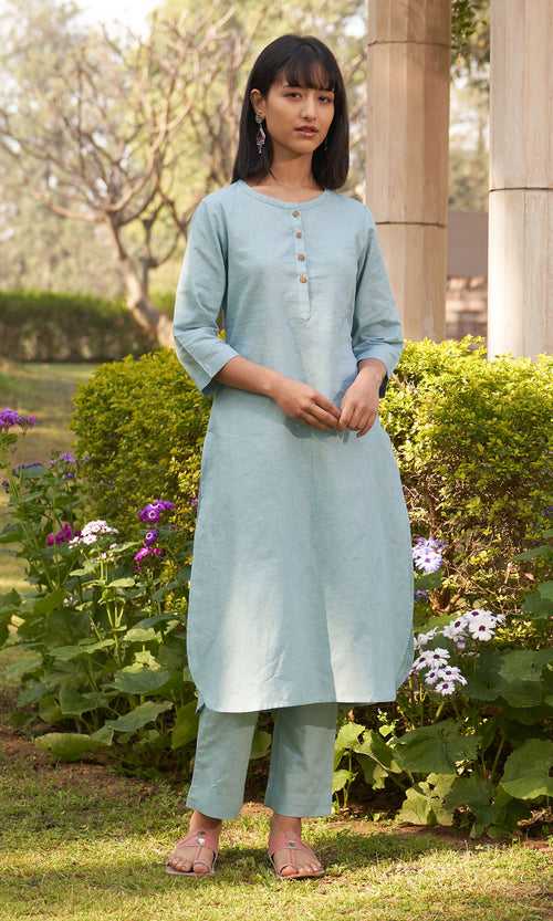 Iris Linen Turquoise Solid Kurta With Pants( Set Of 2)