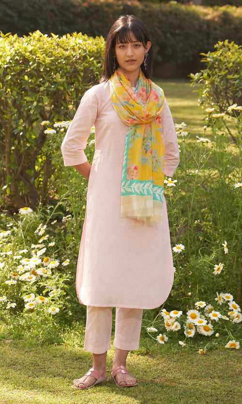 Iris Linen Soft Pink Solid Kurta With Pants And Stole( Set Of 3)