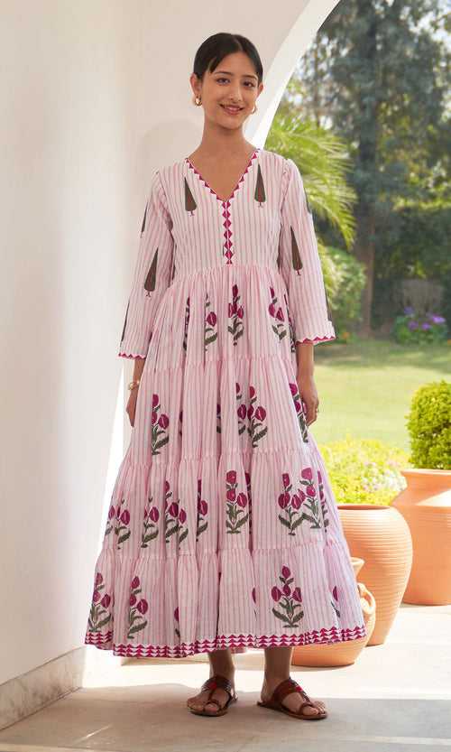Iris Cotton Pink Stripe Boota Gathered Dress RTS