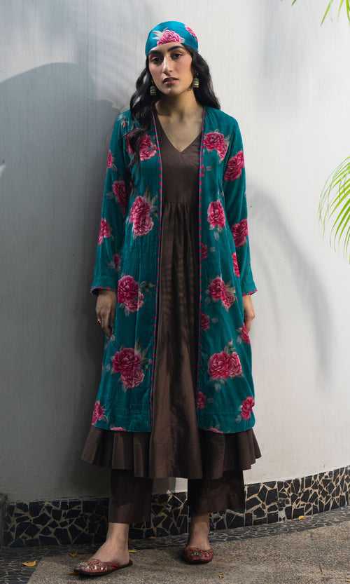 Bareen Silk velvet floral Teal jacket with angrakha and palazzo - Set of 3 RTS