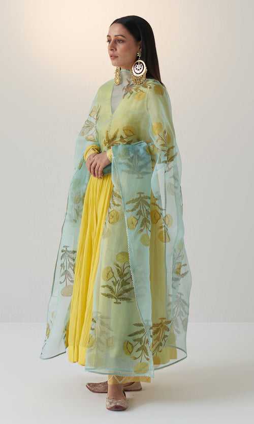 Noor Vol.2 Yellow V- Neck Anarkali With Block Printed Dupatta And Palazzo - Set Of 3 RTS