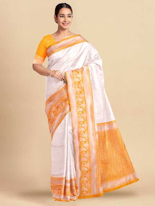 Women Off White with Mango Yellow Colour Stylish Art Silk Fancy Jari Border Saree SS97