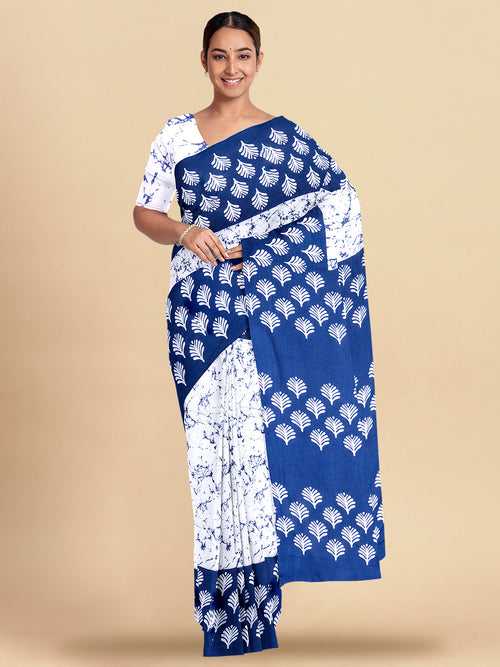Womens Gorgeous Blue with White All over Printed Pure Cotton Saree PCS27