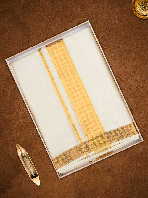 Mens Premium Handloom Gold Jari Fancy Border Cream Dhoti -110512