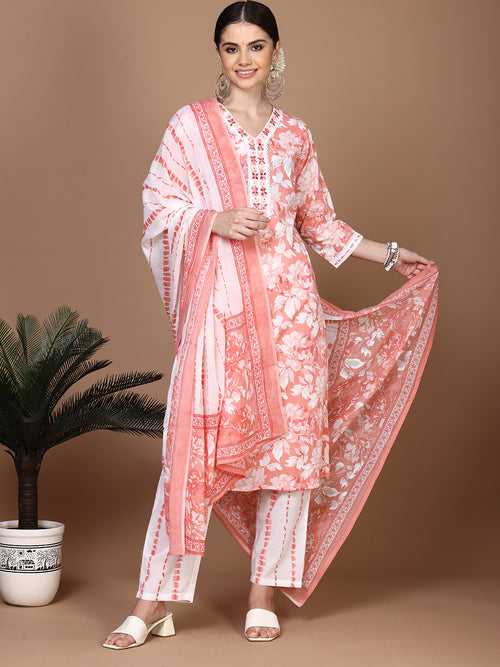 Women Cotton Embroidered Kurti Set Pink PKS19