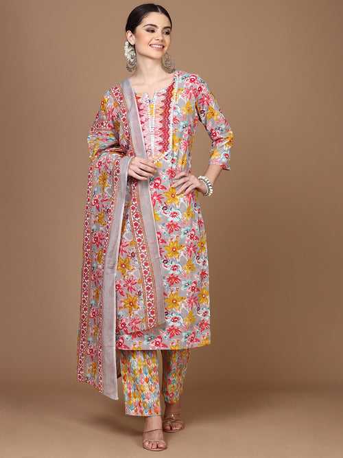 Women Cotton Fancy Colour Neck Straight Cut Print &amp; Embroidered Kurti Set PKS21