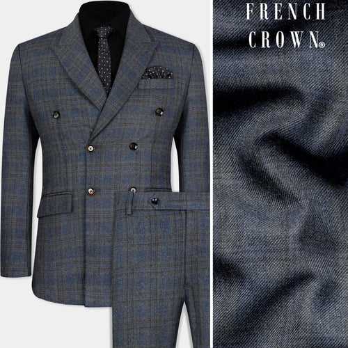 Ebony Clay Blue and Gravel Gray Plaid Tweed Double Breasted Suit