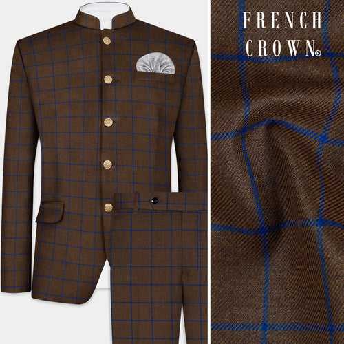 Bistre Brown with Catalina Blue Windowpane Bandhgala Tweed Suit
