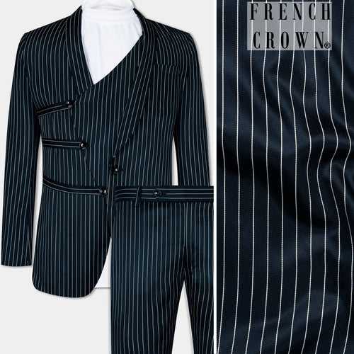Gunmetal Blue with White Striped Premium Wool Rich Designer Suit