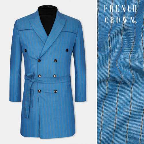 Wedgewood Blue Subtle Striped Double Breasted Tweed Designer Trench Coat