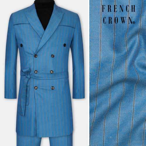 Wedgewood Blue Subtle Striped Double Breasted Tweed Designer Trench Coat With Pant