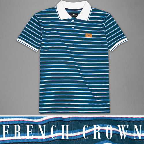 Astronaut Blue with White Striped Organic Cotton Mercerised Pique Polo