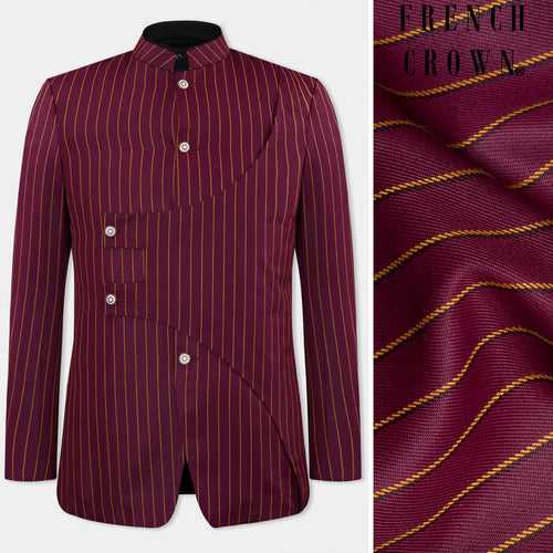 Bordeaux Wine and Sepia Brown Striped Wool Rich Bandhgala Designer Blazer