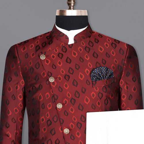 Stilleto Red Leaves Jacquard Textured Cross Placket Bandhgala Designer Suit