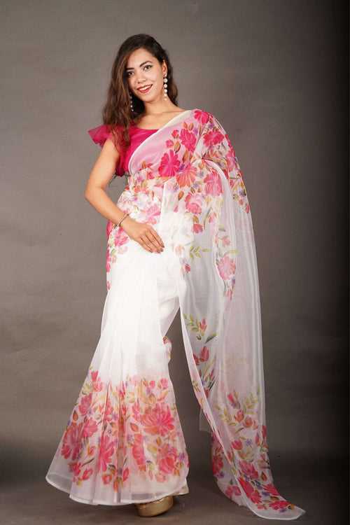 Ready To Beautiful Pink Digital Floral  Wrap in 1 minute saree