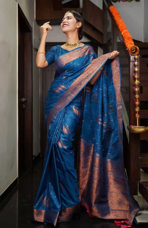 Ready to wear Cobalt Blue Kanjeevaram Styled With Jacquard Weave Paisley Design  Wrap in one minute saree