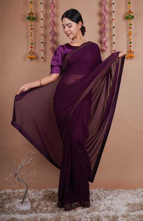 Ready To Wear Wine Soft Georgette With Stone Sequence Detailed  Work All Over  Wrap in 1 minute saree