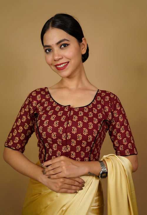 Soft Cotton Ajrakh Block Printed With Piping Detailed Blouse