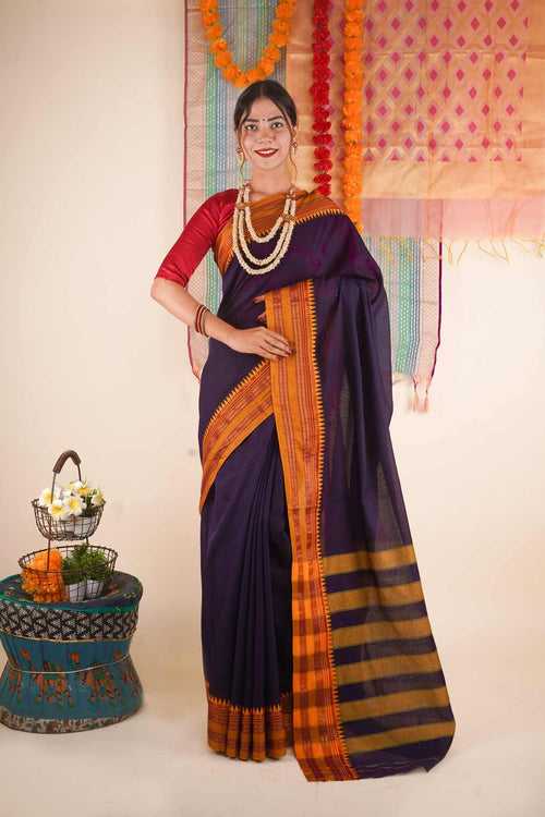 Traditional Ethnic Look with Deep Violet  Zari Naksha woven Border Pure Cotton Wrap in 1 minute Saree with Beaded Necklace Set