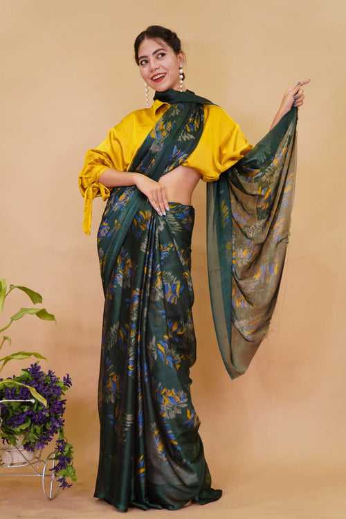 Lightweight &!Soft Dark Green Leaf printed  Stylish  Chiffon saree Wrap in 1 minute saree