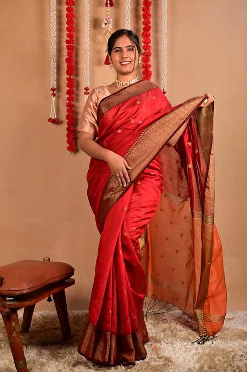 Ready To Wear Red Bhagalpuri Silk With woven zari and Mustard ornate pallu with Tassels one minute saree