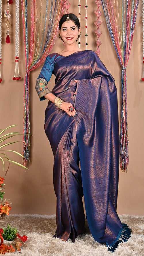 Ready To Wear Sophisticated Wedding Kanjeevaram Teal Ethnic Motif Woven Design Kanjeevaram  Wrap in 1 minute saree