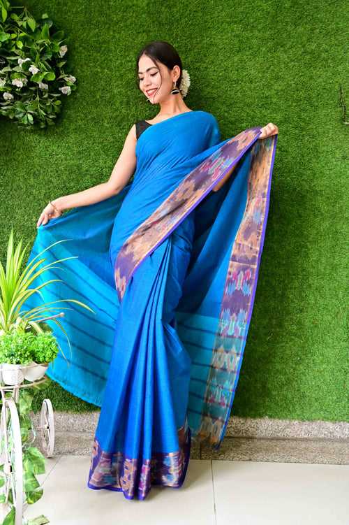 Ready To Wear  Soothing South Cotton With Ikat Woven Border  Wrap in 1 minute saree