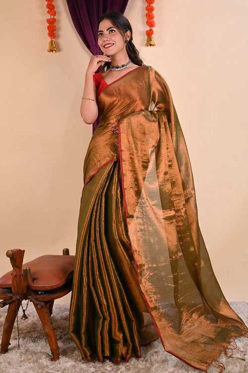 Ready To Wear Premium Organza Tissue With Tassels Dhoop Chaanv Copper Gold On Pallu  Wrap in 1 minute saree