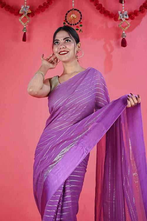 Ready To Wear Ravishing Georgette Lavender With silver Interwoven  Wrap in 1 minute saree