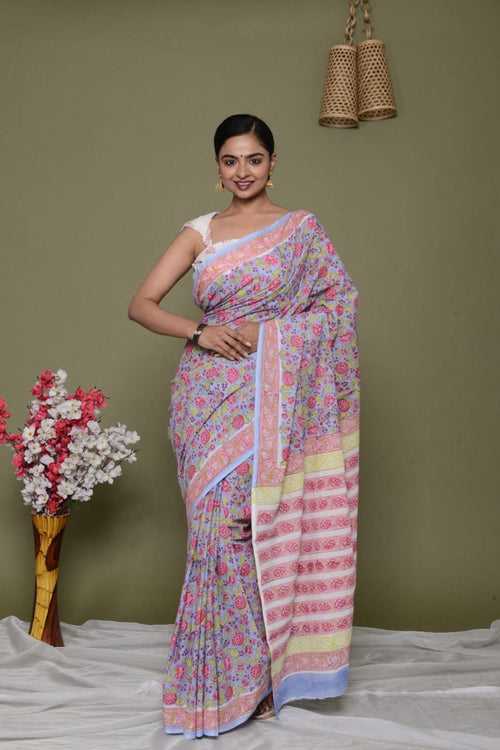 Medley of colors handblock jaipuri sanganeri mulmul ready to wear saree