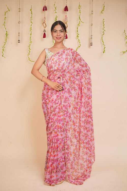 Appealing Pink Georgette Floral Printed Saree with Moti Lace Wrap in 1 minute Saree
