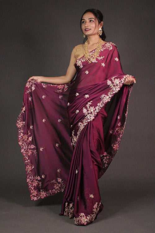 Ready to Wear Wine Purple with Zardosi Needle Weaving Wrap in 1 minute with embroidered zardoisi blouse piece