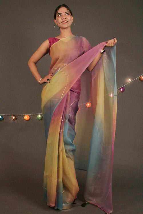 Rainbow Double Organza Sequence  Embroidered Wrap in 1 minute saree with Tassels