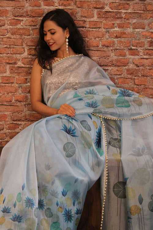 Light blue sheer organza with moti lace border wrap in 1 minute saree