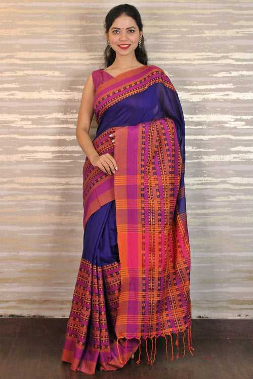 Royal blue and pink Begampuri woven wrap in 1 minute saree