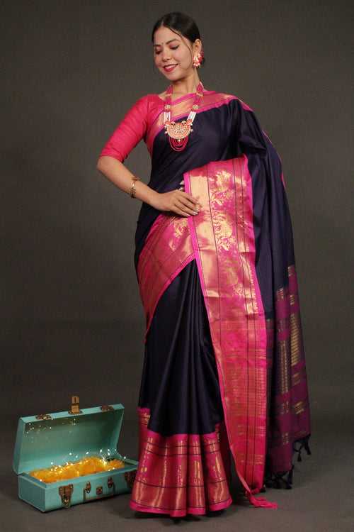 Royal Blue-Pink Banarasi Silk Wrap in 1 minute saree