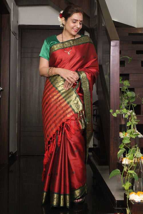 Traditional south silk Mangalgiri Maroon with woven green zari border ornate pallu 1 minute saree