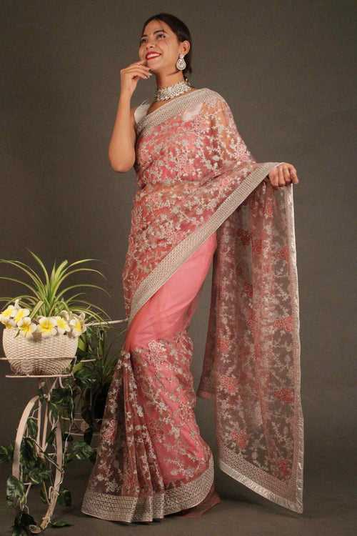 Pink & Peach Floral Zari thread Embroidered twinkiling Net Wrap in 1 minute saree
