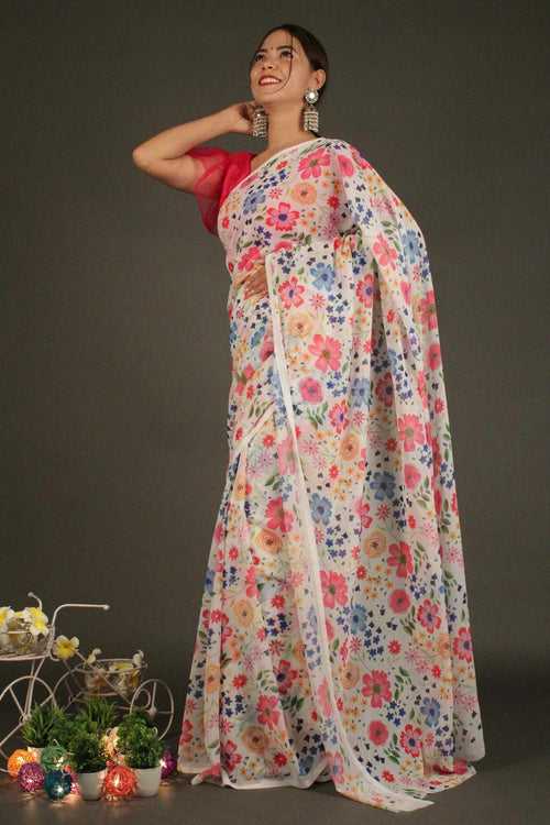 White-Multicolor Floral Printed Georgette Wrap in 1 minute saree