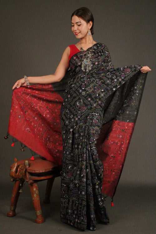 Black-Maroon Cotton Silk Madhubani Print Wrap in 1 minute saree