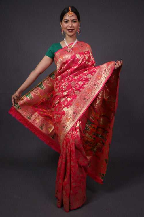 Crimson pink banarasi with meenakari pattern wrap in 1 minute saree