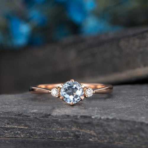 14Kt Gold Solitaire Aquamarine, Natural Diamond Engagement/Wedding Ring