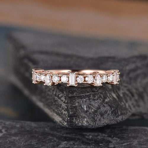 14Kt Gold Baguette Cut Peart Cut Half Eternity Natural Diamond Band Engagement/Wedding Ring