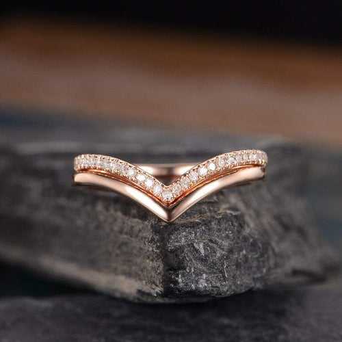 14Kt Gold Set 2 Chevron V Shaped Curved Band Natural Diamond Engagement/Wedding Ring