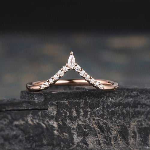 14Kt Gold Pear Cut Chevron V Shaped Curved Natural Diamond Band Engagement/Wedding Ring