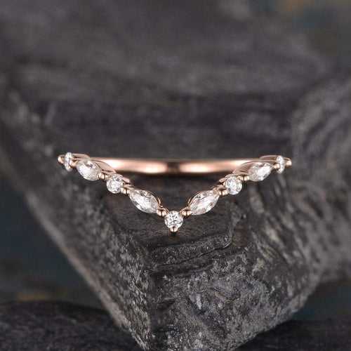 14Kt Gold Marquise Cut Chevron V Shaped Curved Natural Diamond Band Engagement/Wedding Ring