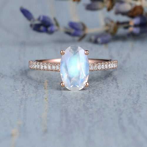 14Kt Gold 8x6mm Moonstone, Natural Diamond Engagement/Wedding Ring