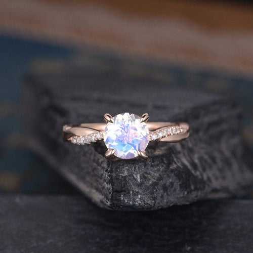 14Kt Gold Moonstone, Natural Diamond Engagement/Wedding Ring