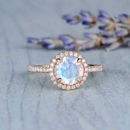 14Kt Gold Moonstone, Natural Diamond Engagement/Wedding Ring