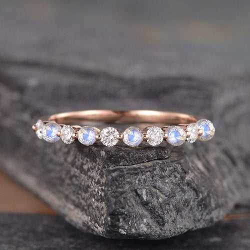 14Kt Gold Moonstone, Half Eternity Natural Diamond Band Engagement/Wedding Ring